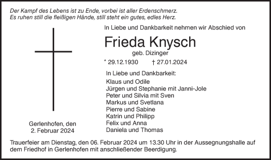 Traueranzeige von Frieda Knysch von SÜDWEST PRESSE Ausgabe Ulm/Neu-Ulm