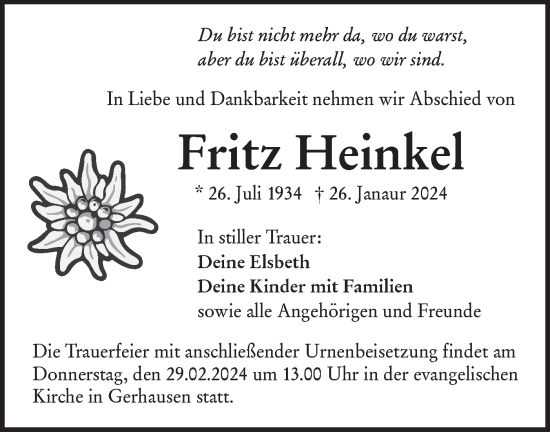 Traueranzeige von Fritz Heinkel von SÜDWEST PRESSE Ausgabe Ulm/Neu-Ulm