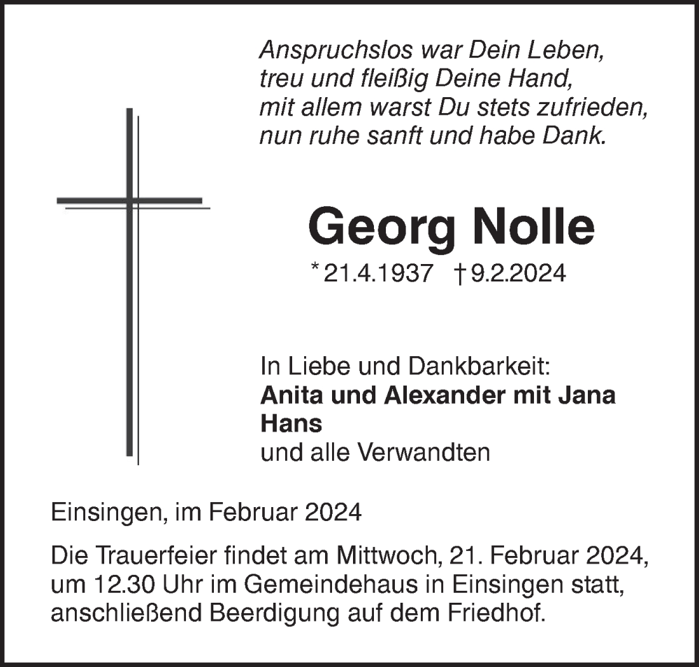  Traueranzeige für Georg Nolle vom 17.02.2024 aus SÜDWEST PRESSE Ausgabe Ulm/Neu-Ulm
