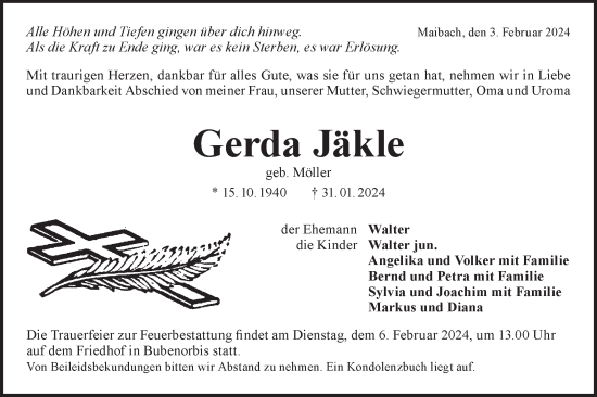 Traueranzeige von Gerda Jäkle von Haller Tagblatt