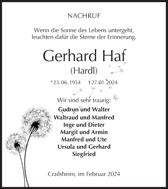 Traueranzeige von Gerhard Haf von Hohenloher Tagblatt