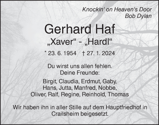 Traueranzeige von Gerhard Haf von Hohenloher Tagblatt