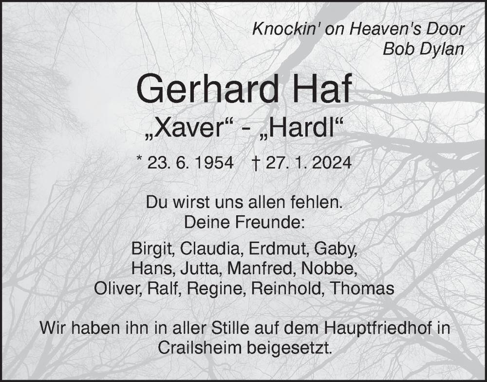  Traueranzeige für Gerhard Haf vom 07.02.2024 aus Hohenloher Tagblatt