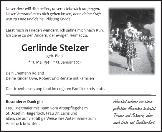Traueranzeige von Gerlinde Stelzer von Hohenzollerische Zeitung