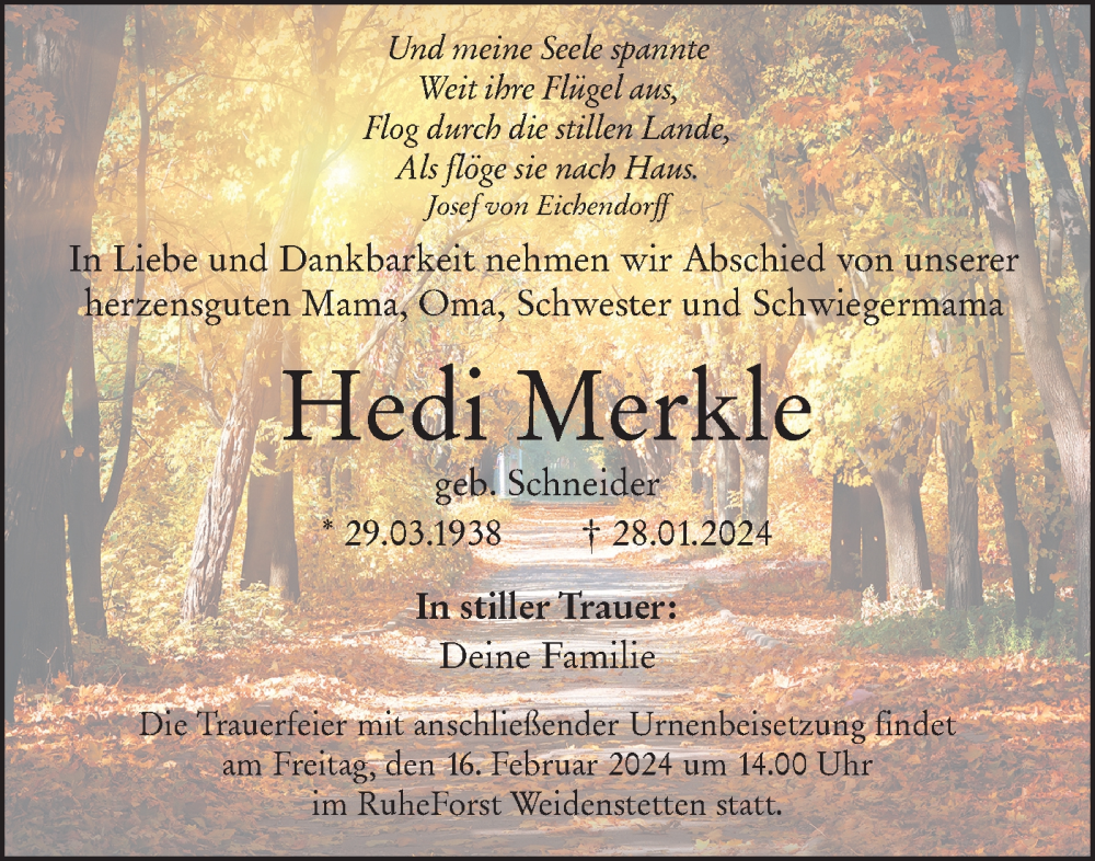  Traueranzeige für Hedi Merkle vom 10.02.2024 aus SÜDWEST PRESSE Ausgabe Ulm/Neu-Ulm