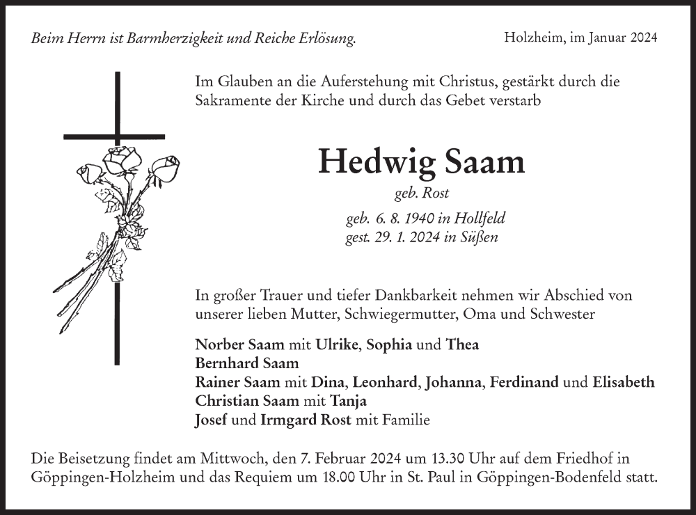 Traueranzeige für Hedwig Saam vom 03.02.2024 aus NWZ Neue Württembergische Zeitung