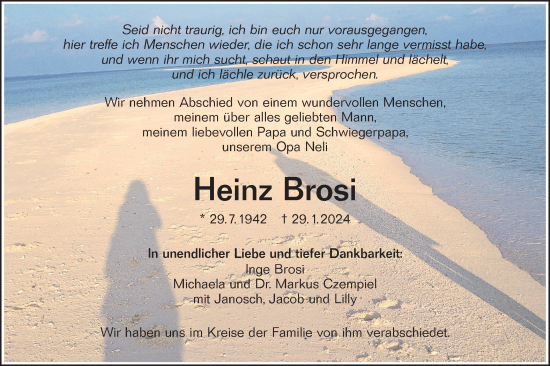 Traueranzeige von Heinz Brosi von Hohenzollerische Zeitung