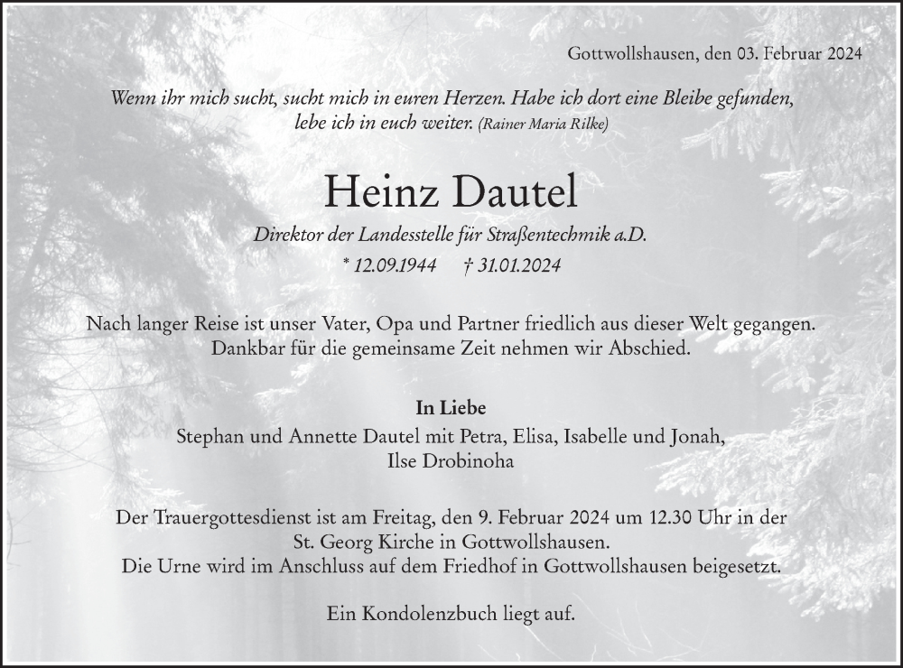  Traueranzeige für Heinz Dautel vom 07.02.2024 aus Haller Tagblatt