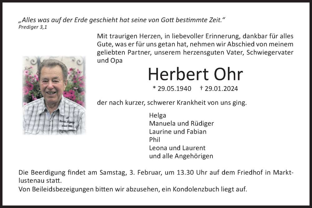  Traueranzeige für Herbert Ohr vom 02.02.2024 aus Hohenloher Tagblatt