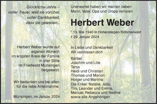 Traueranzeige von Herbert Weber von Alb-Bote/Metzinger-Uracher Volksblatt
