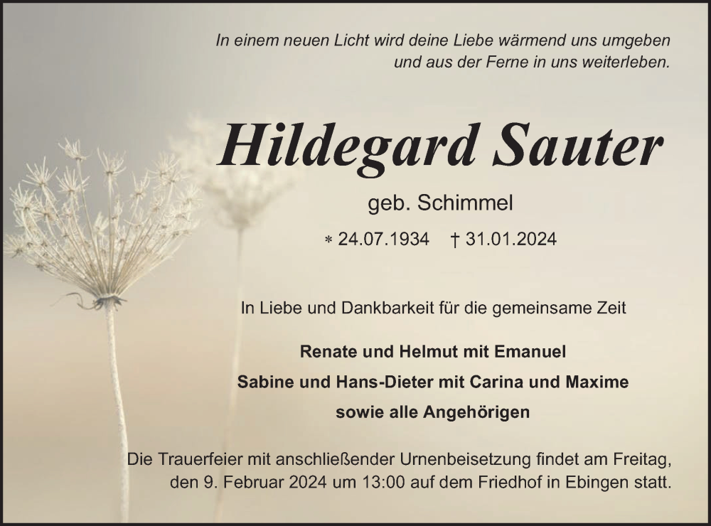  Traueranzeige für Hildegard Sauter vom 03.02.2024 aus Hohenzollerische Zeitung