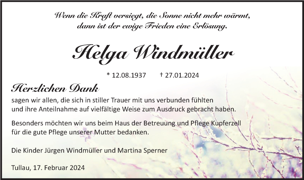  Traueranzeige für iHelga Windmüller vom 17.02.2024 aus Haller Tagblatt