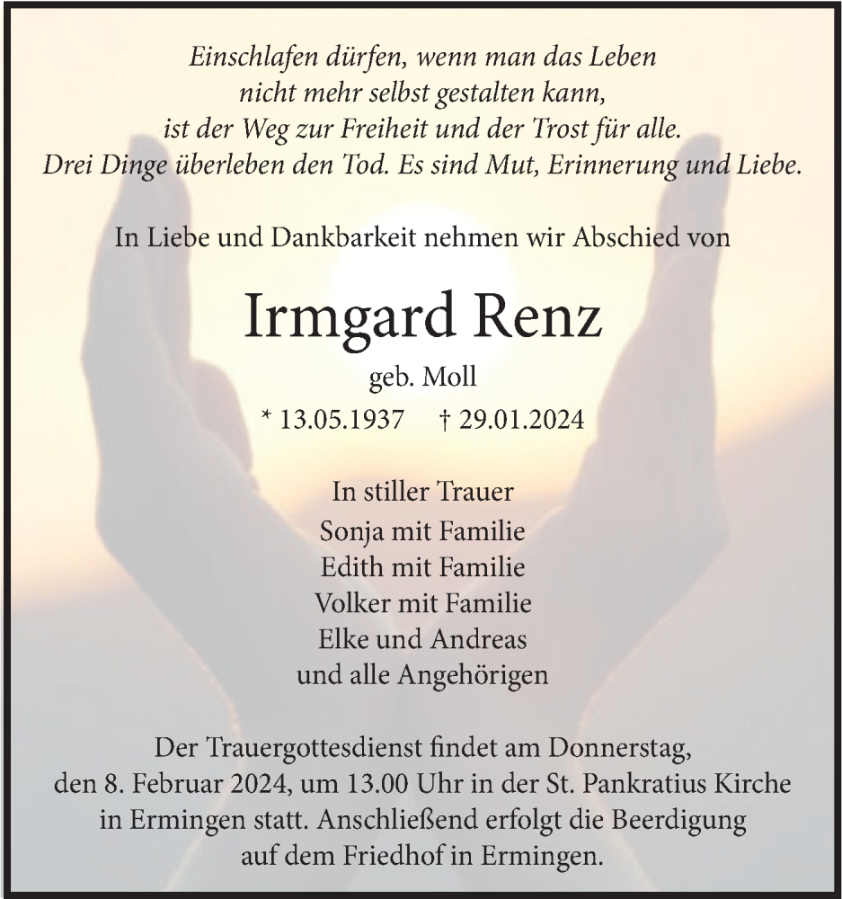  Traueranzeige für Irmgard Renz vom 03.02.2024 aus SÜDWEST PRESSE Ausgabe Ulm/Neu-Ulm