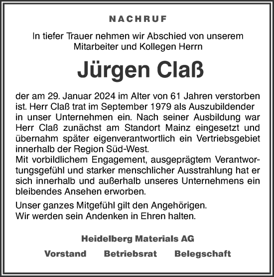 Traueranzeige von Jürgen Claß von SÜDWEST PRESSE Ausgabe Ulm/Neu-Ulm