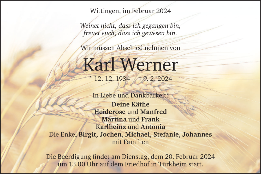  Traueranzeige für Karl Werner vom 15.02.2024 aus Geislinger Zeitung