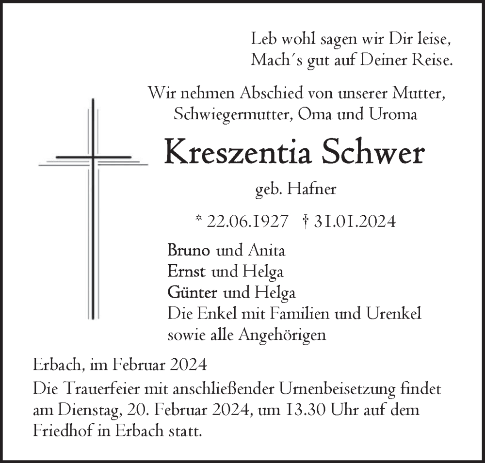  Traueranzeige für Kreszentia Schwer vom 17.02.2024 aus SÜDWEST PRESSE Ausgabe Ulm/Neu-Ulm