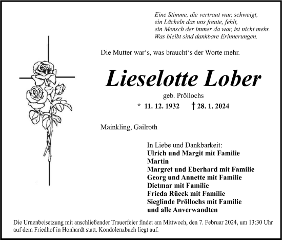 Traueranzeige von Lieselotte Lober von Hohenloher Tagblatt