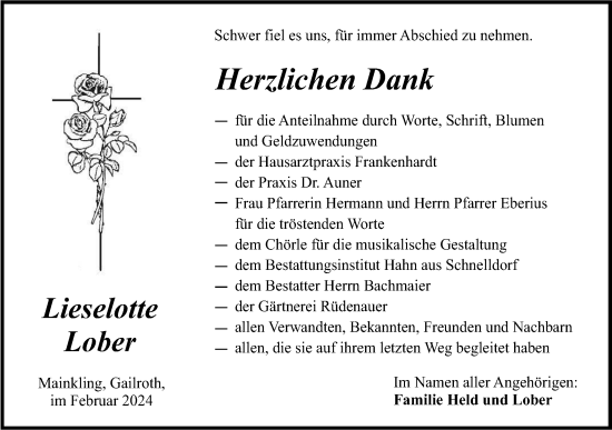 Traueranzeige von Lieselotte Lober von Hohenloher Tagblatt