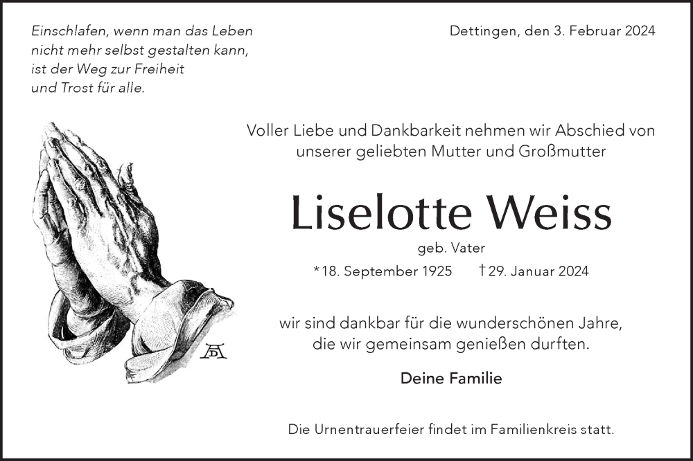  Traueranzeige für Liselotte Weiss vom 03.02.2024 aus SÜDWEST PRESSE/SÜDWEST PRESSE