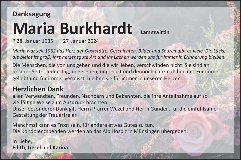  Traueranzeige für Maria Burkhardt vom 28.02.2024 aus Alb-Bote/Metzinger-Uracher Volksblatt
