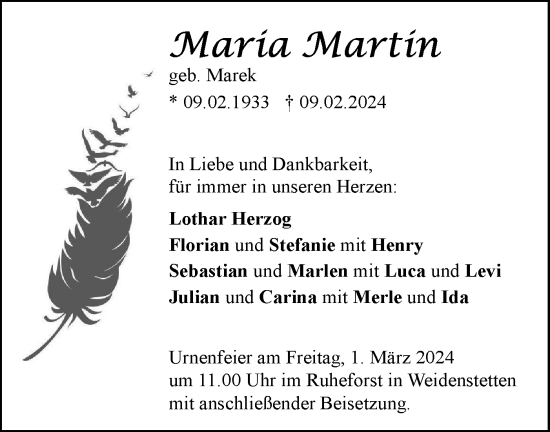 Traueranzeige von Maria Martin von SÜDWEST PRESSE Ausgabe Ulm/Neu-Ulm