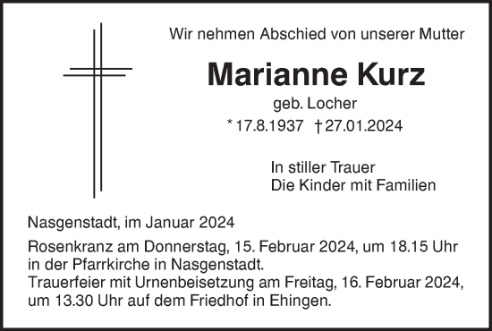 Traueranzeige von Marianne Kurz von Ehinger Tagblatt