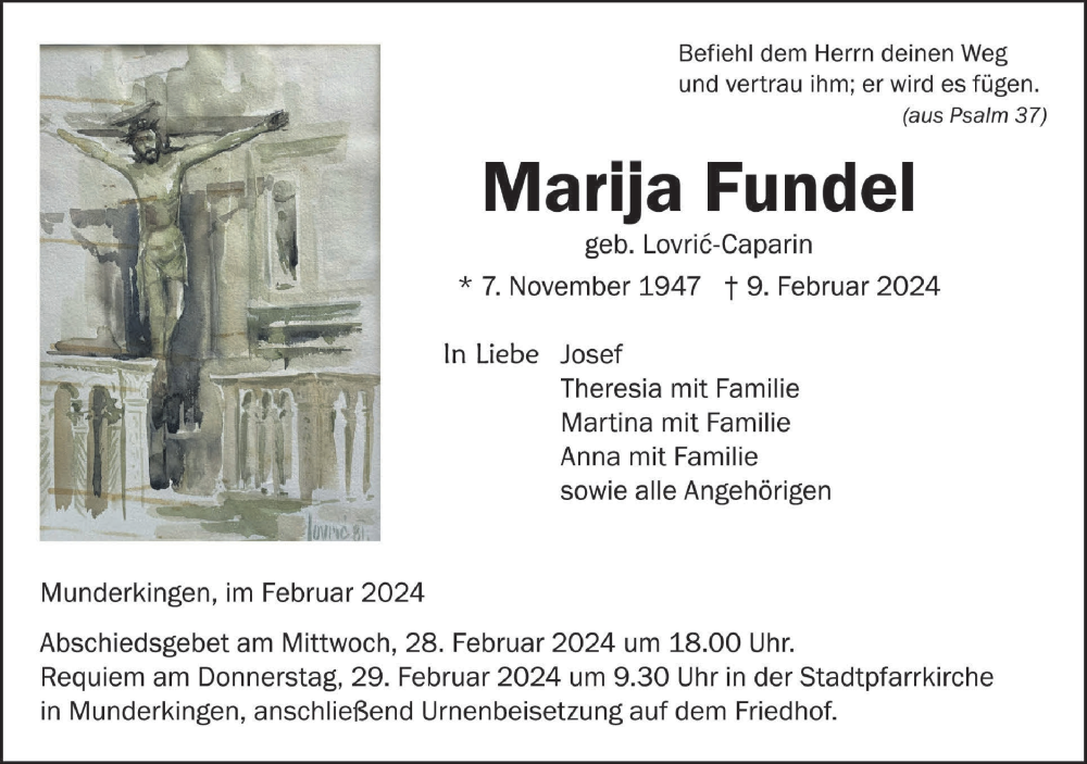  Traueranzeige für Marija Fundel vom 24.02.2024 aus Ehinger Tagblatt
