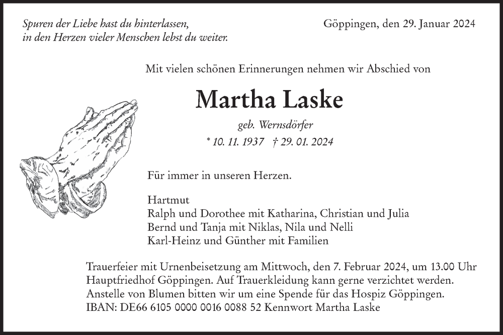  Traueranzeige für Martha Laske vom 03.02.2024 aus NWZ Neue Württembergische Zeitung