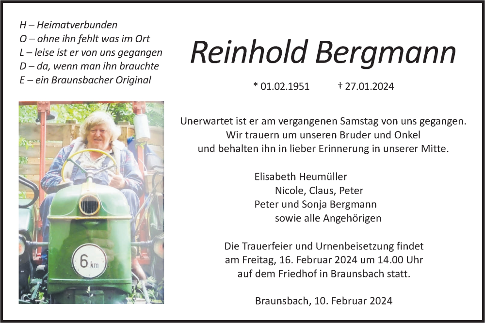  Traueranzeige für Reinhold Bergmann vom 10.02.2024 aus Haller Tagblatt