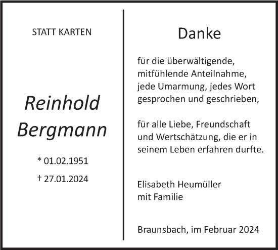 Traueranzeige von Reinhold Bergmann von Haller Tagblatt