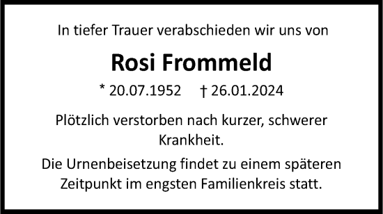 Traueranzeige von Rosi Frommeld von SÜDWEST PRESSE Ausgabe Ulm/Neu-Ulm