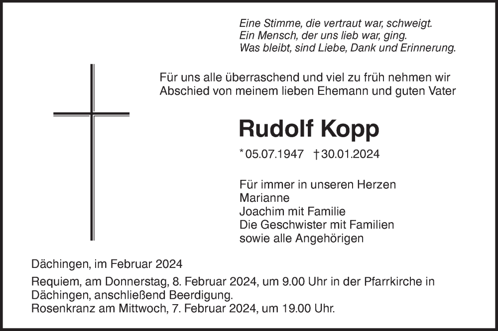  Traueranzeige für Rudolf Kopp vom 05.02.2024 aus Ehinger Tagblatt