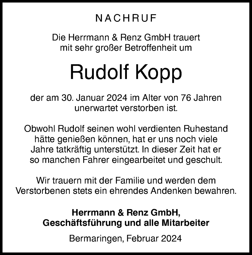  Traueranzeige für Rudolf Kopp vom 05.02.2024 aus SÜDWEST PRESSE Ausgabe Ulm/Neu-Ulm