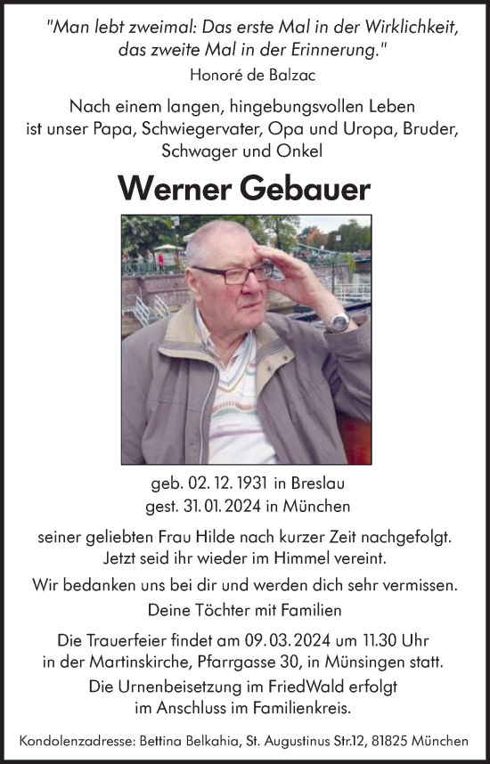 Traueranzeige von Werner Gebauer von Alb-Bote/Metzinger-Uracher Volksblatt