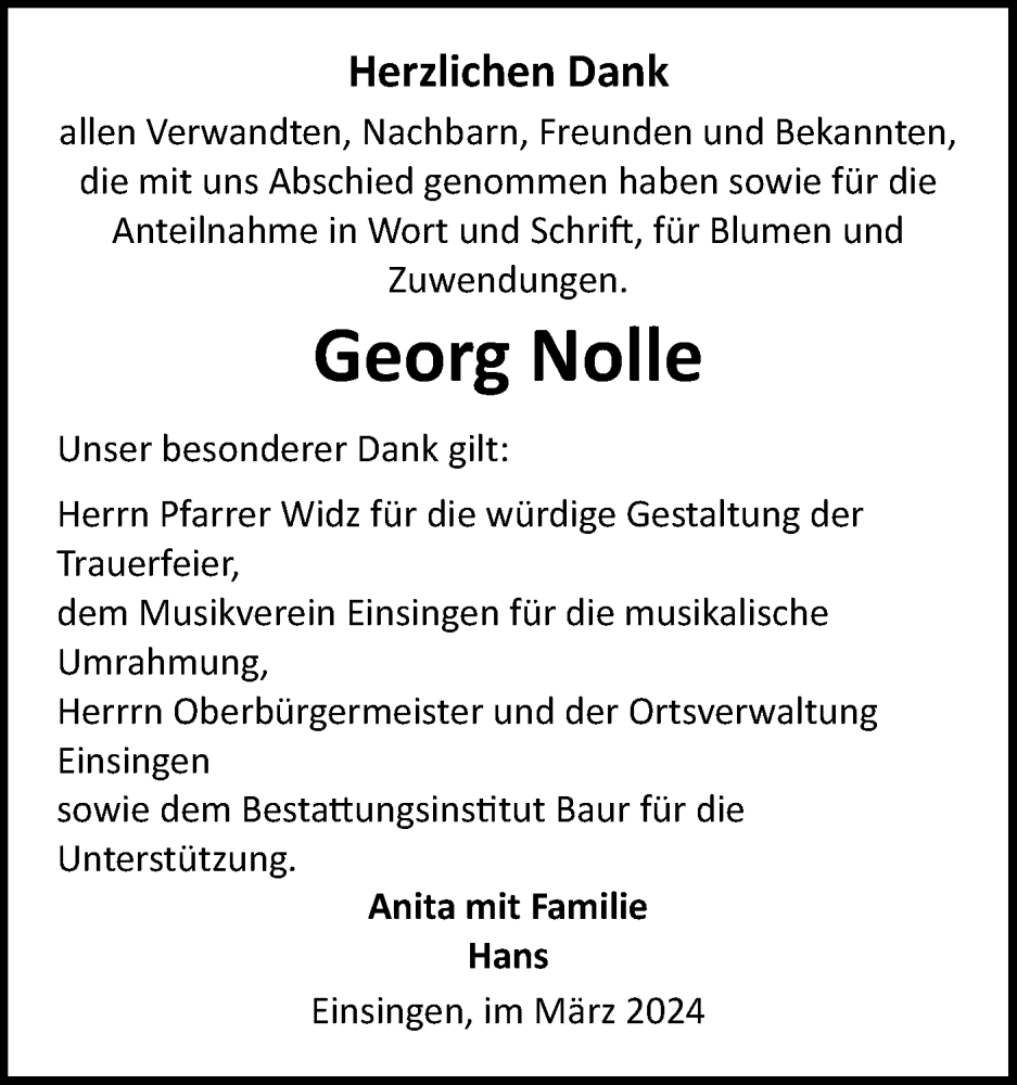  Traueranzeige für Georg Nolle vom 15.03.2024 aus SÜDWEST PRESSE Ausgabe Ulm/Neu-Ulm