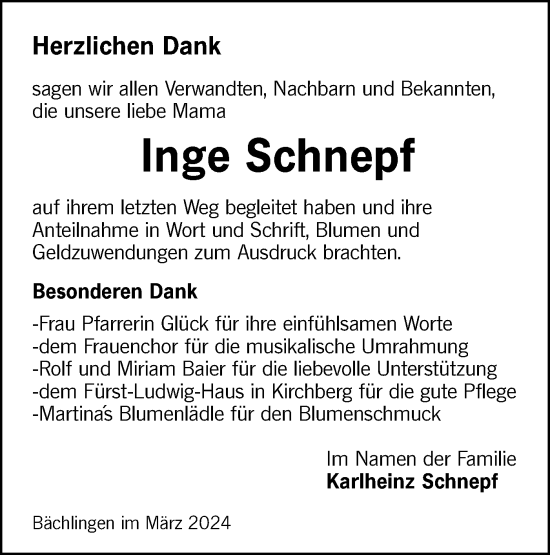 Traueranzeige von Inge Schnepf von Hohenloher Tagblatt