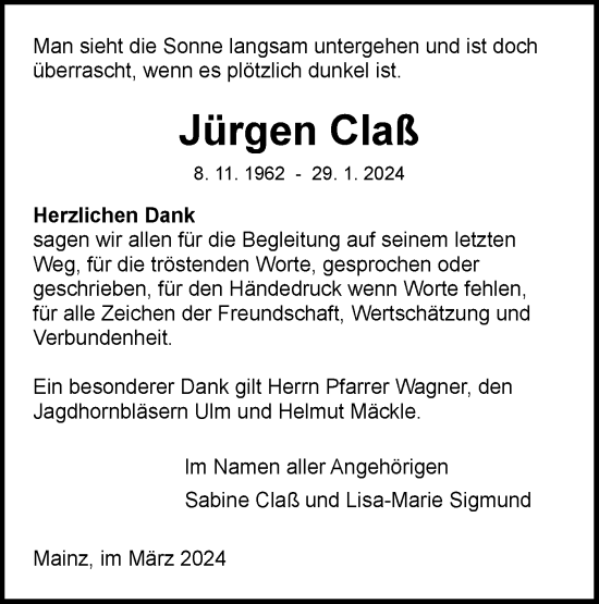 Traueranzeige von Jürgen Claß von SÜDWEST PRESSE Ausgabe Ulm/Neu-Ulm