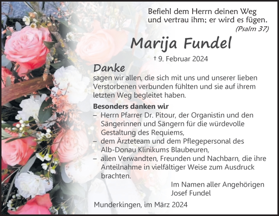 Traueranzeige von Marija Fundel von Ehinger Tagblatt
