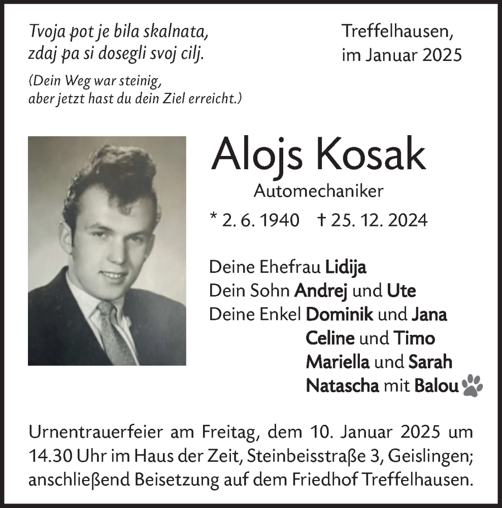  Traueranzeige für Alojs Kosak vom 02.01.2025 aus Geislinger Zeitung