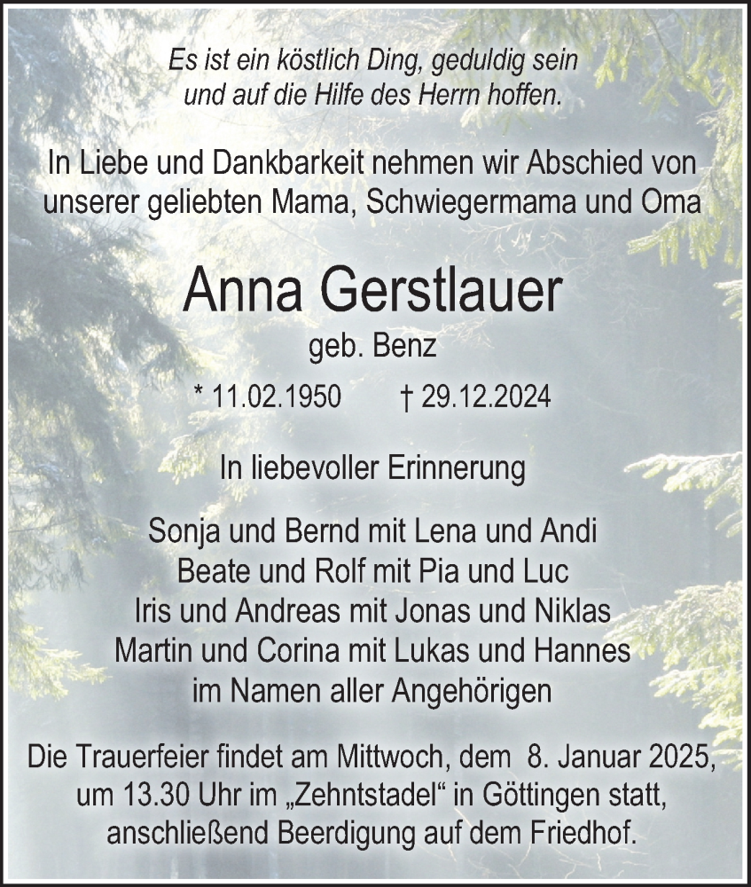  Traueranzeige für Anna Gerstlauer vom 04.01.2025 aus SÜDWEST PRESSE Ausgabe Ulm/Neu-Ulm