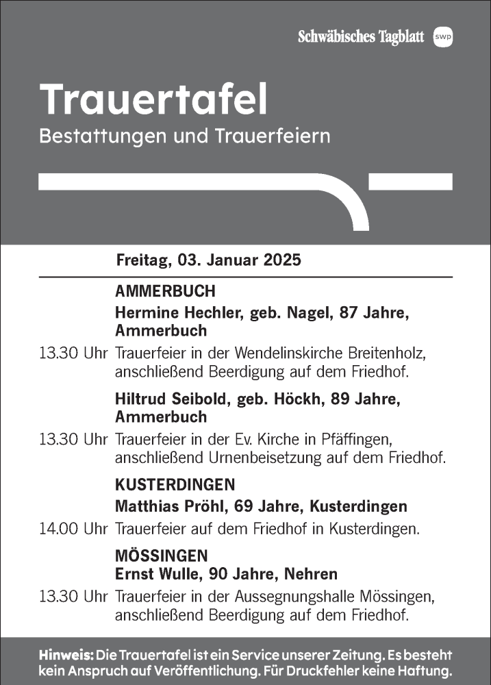  Traueranzeige für Bestattungen vom 03.01.2025 vom 03.01.2025 aus Schwäbische Tagblatt