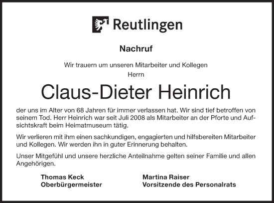 Traueranzeige von Claus-Dieter Heinrich von Alb-Bote/Metzinger-Uracher Volksblatt
