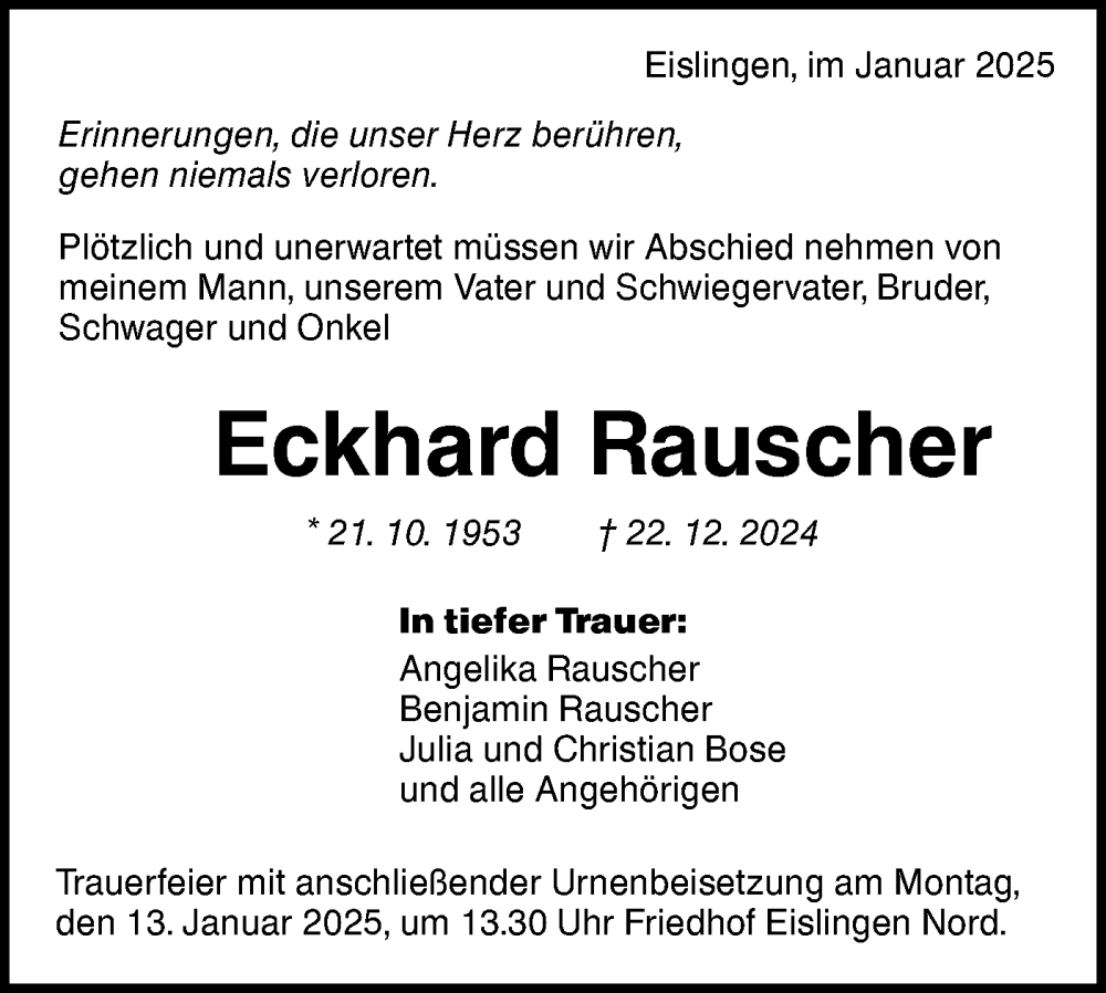  Traueranzeige für Eckhard Rauscher vom 04.01.2025 aus NWZ Neue Württembergische Zeitung