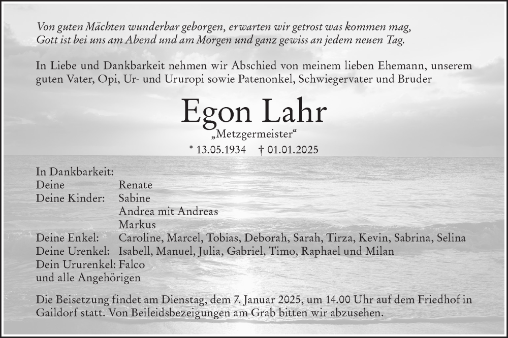  Traueranzeige für Egon Lahr vom 04.01.2025 aus Rundschau Gaildorf
