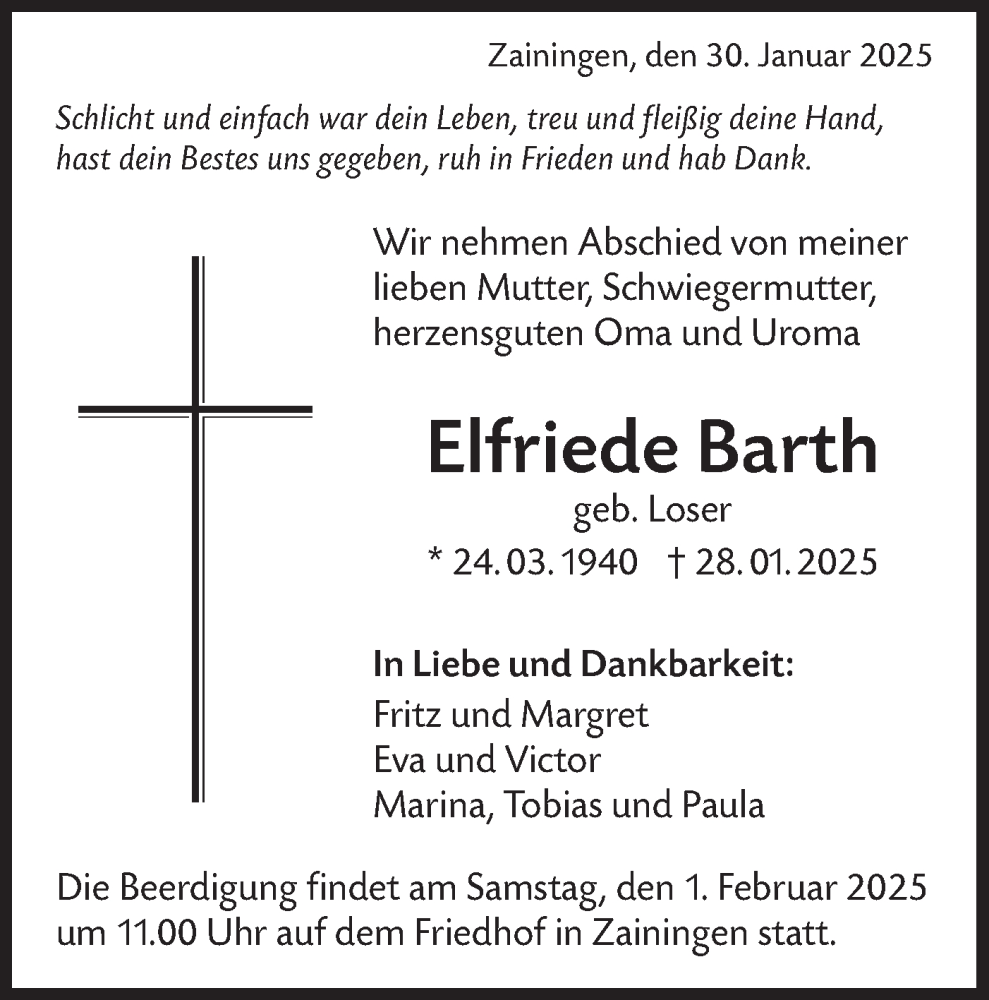  Traueranzeige für Elfriede Barth vom 30.01.2025 aus Alb-Bote/Metzinger-Uracher Volksblatt