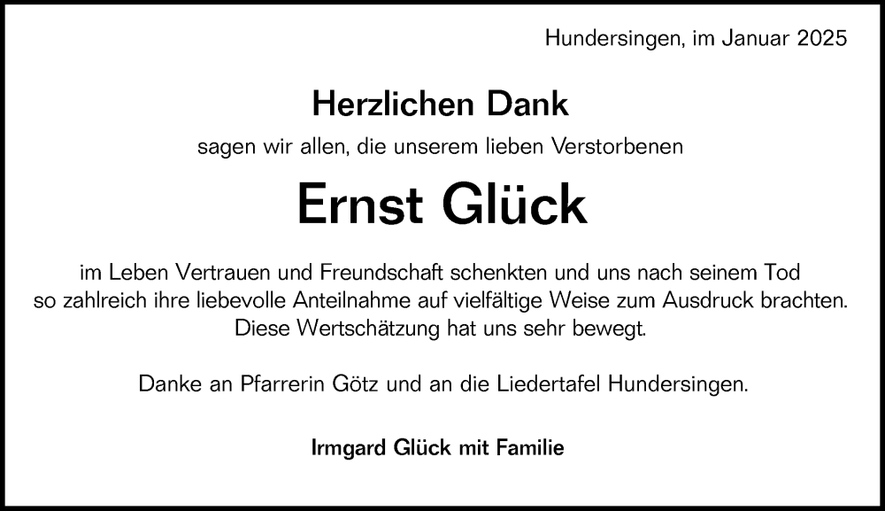  Traueranzeige für Ernst Glück vom 03.01.2025 aus Alb-Bote/Metzinger-Uracher Volksblatt