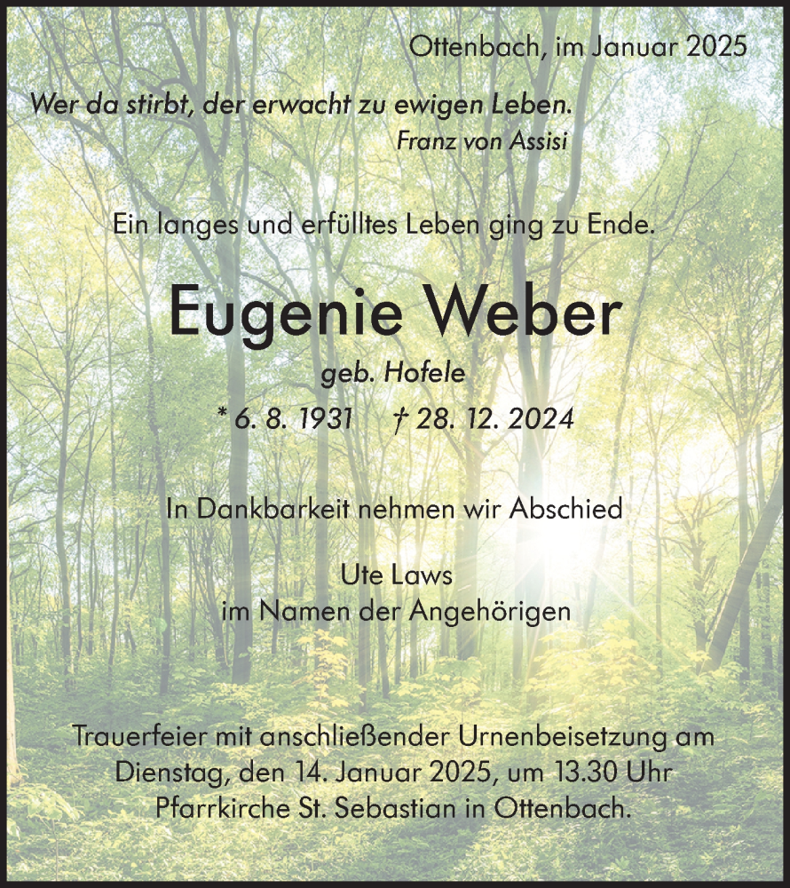  Traueranzeige für Eugenie Weber vom 07.01.2025 aus NWZ Neue Württembergische Zeitung