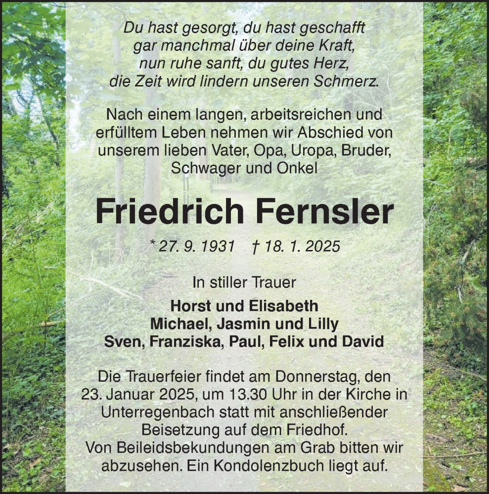  Traueranzeige für Friedrich Fernster vom 21.01.2025 aus Hohenloher Tagblatt