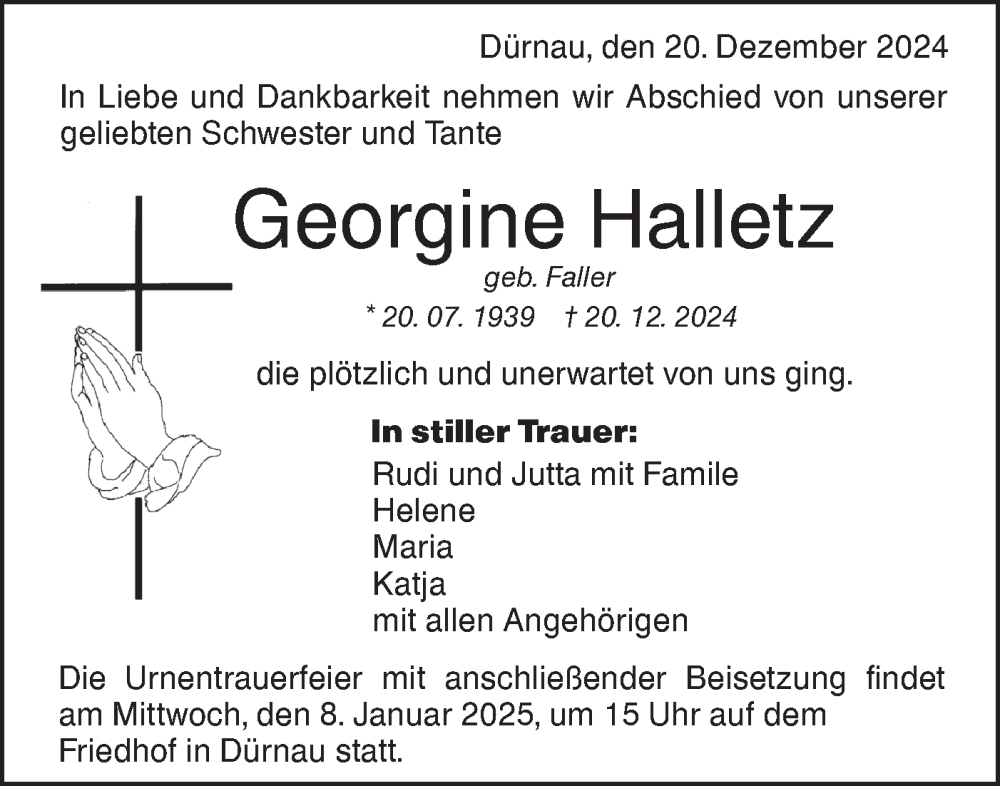  Traueranzeige für Georgine Halletz vom 02.01.2025 aus NWZ Neue Württembergische Zeitung