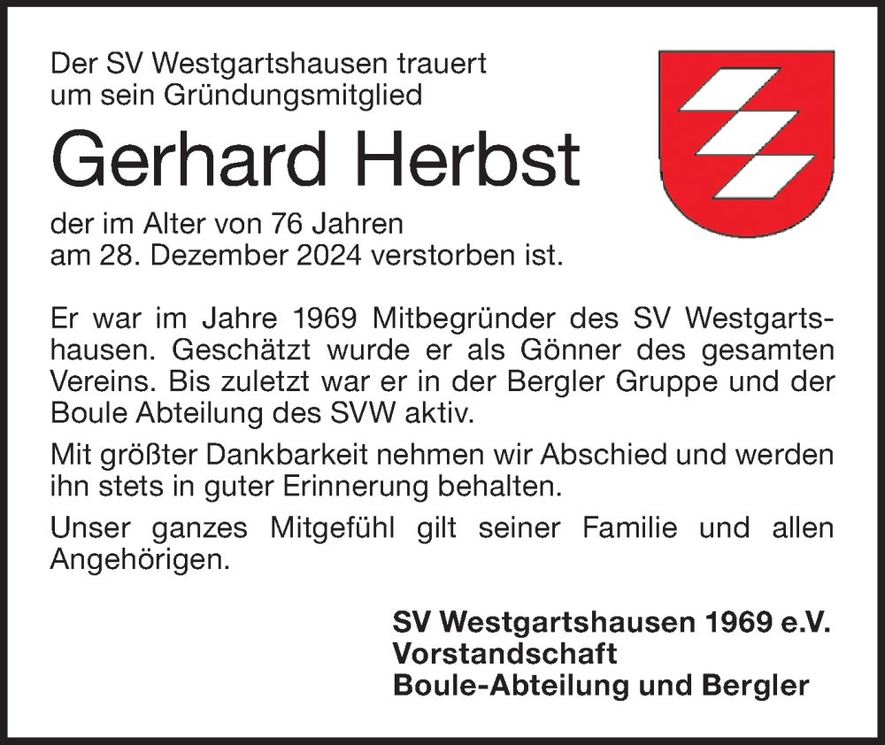  Traueranzeige für Gerhard Herbst vom 02.01.2025 aus Hohenloher Tagblatt